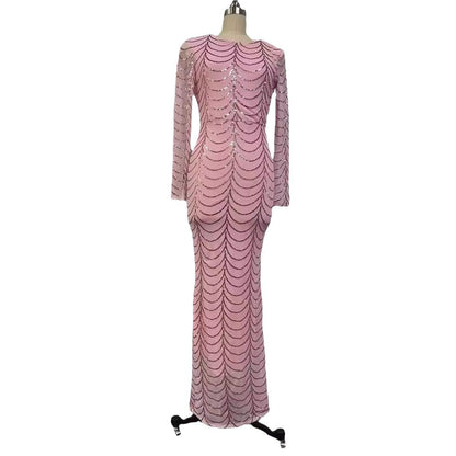 Elegant Mermaid Evening Gown – Sequined Long Sleeve Round Neck Party Dress