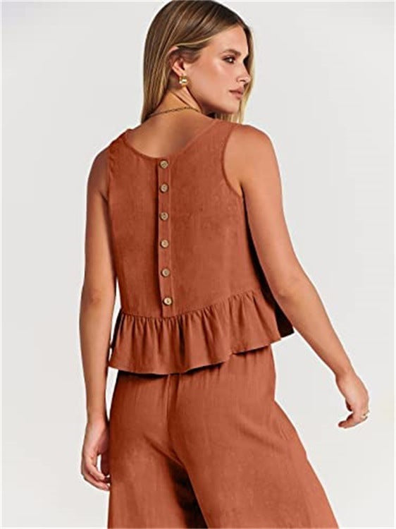 Women's Summer Sleeveless Pleated Vest & Wide-Leg Cropped Pants Casual Set