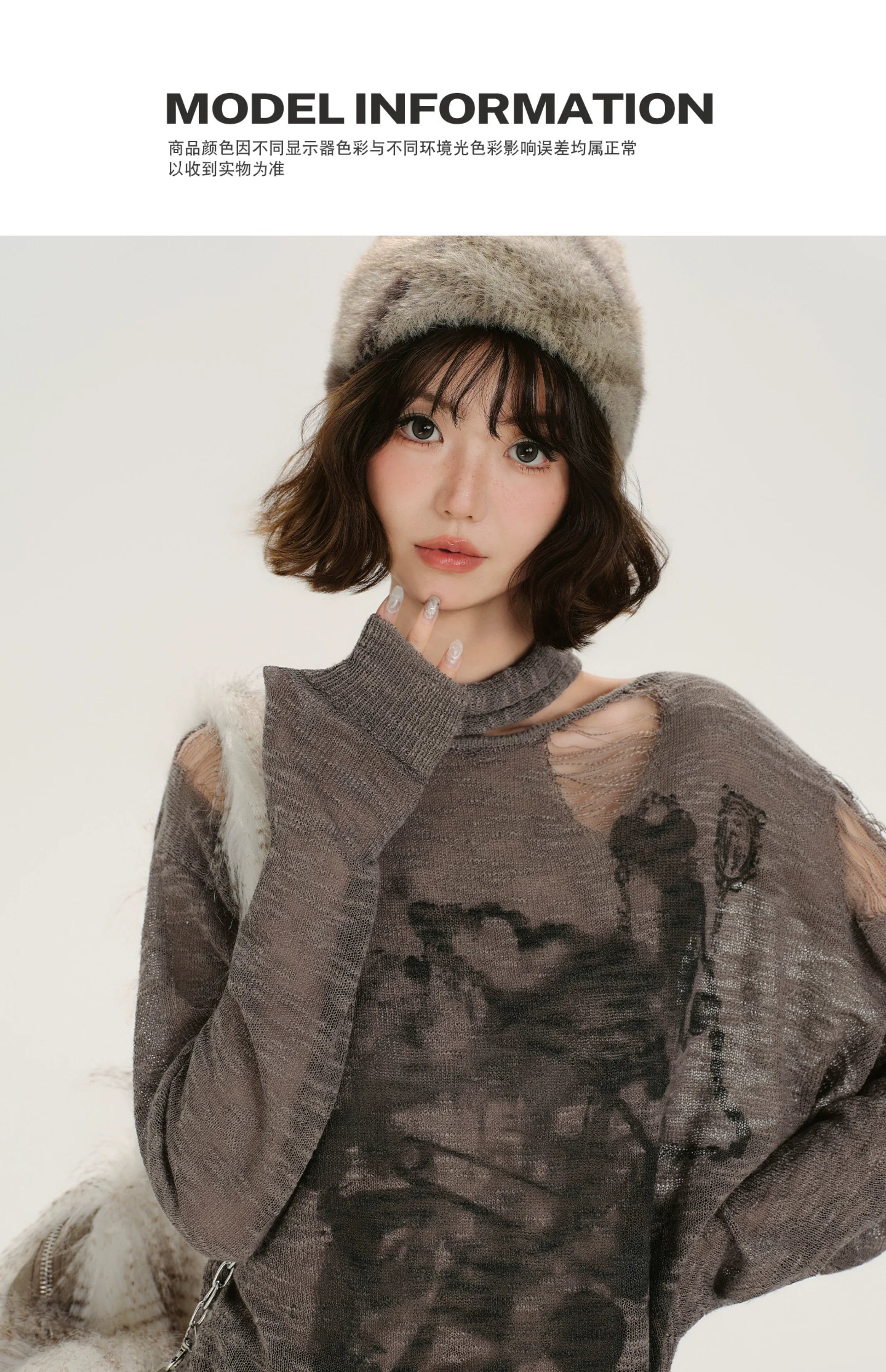 Girlyhalo Retro Baddie Print Distressed Long Sleeve Sweater