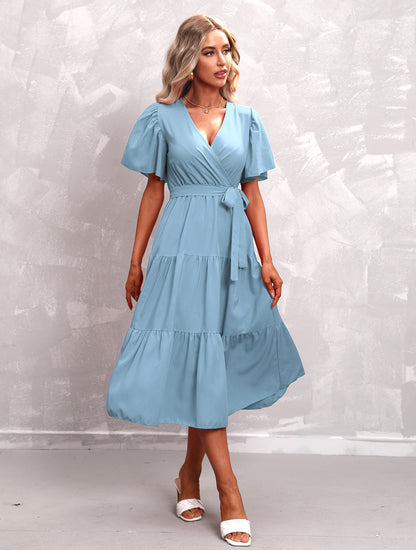 Women's Summer Solid Color V-Neck Short Sleeve Dress