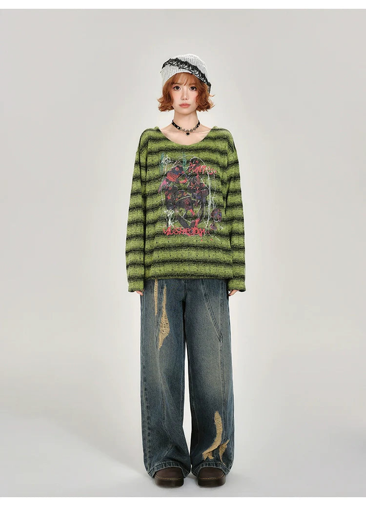 Girlyhalo Retro Green Striped Long Sleeve T-Shirt for Women-Green Striped-S-Free Shipping Leatheretro