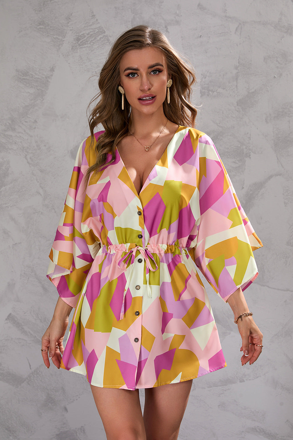 Women's Summer Leaf Print Short Sleeve Short Mini Dress