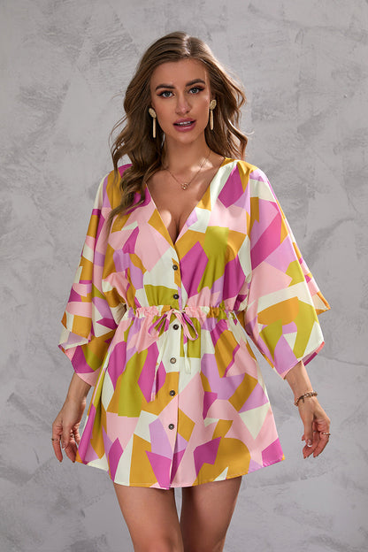 Women's Summer Leaf Print Short Sleeve Short Mini Dress