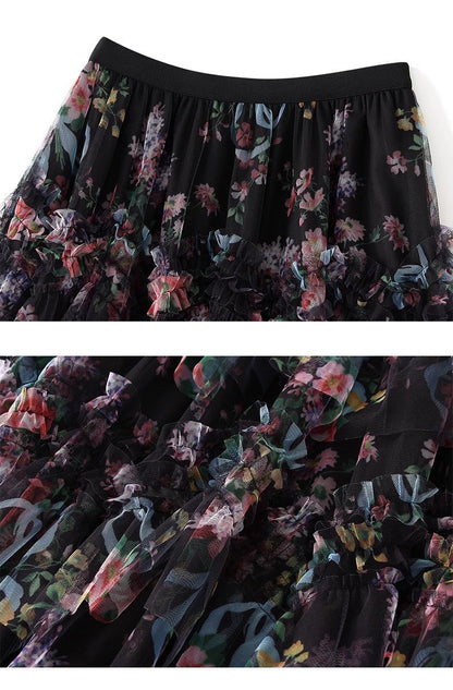 Women's Patchwork Print Mesh Cake Skirt