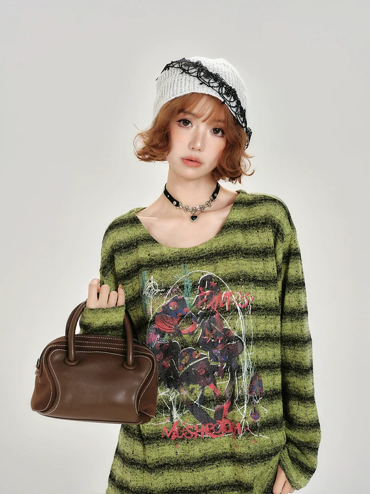 Girlyhalo Retro Green Striped Long Sleeve T-Shirt for Women-Green Striped-S-Free Shipping Leatheretro