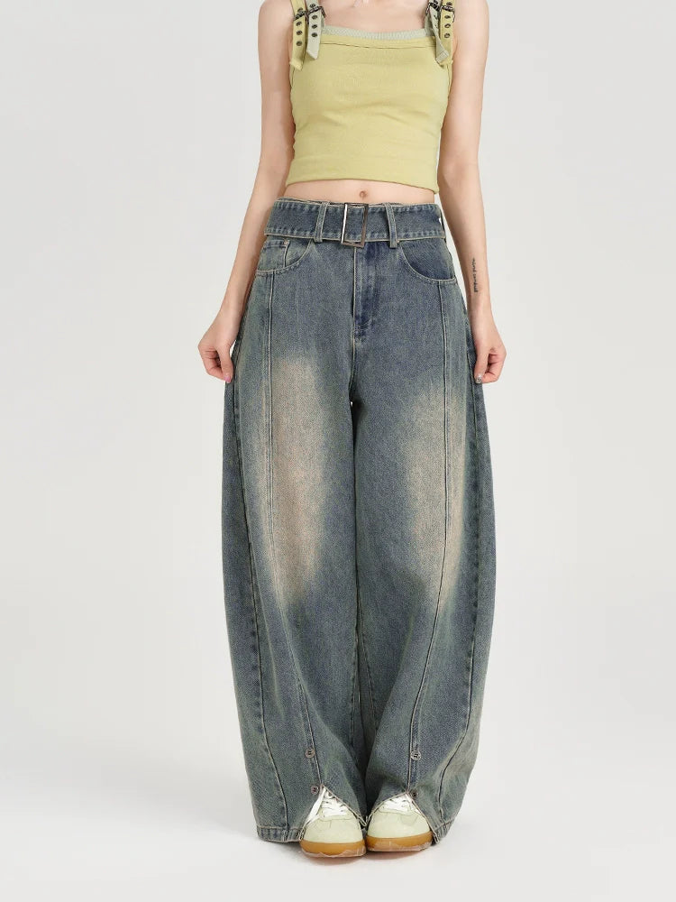 Girlyhalo Women's Vintage Washed Wide-Leg Jeans-S-Blue-Free Shipping Leatheretro