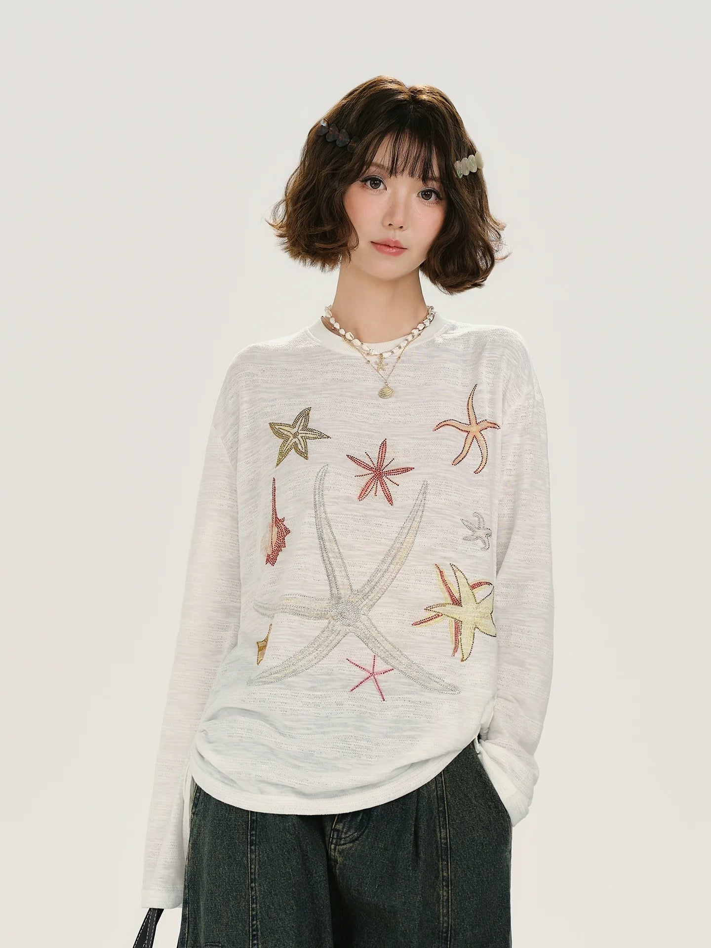 Girlyhalo Retro Print Rhinestone Long Sleeve T-Shirt