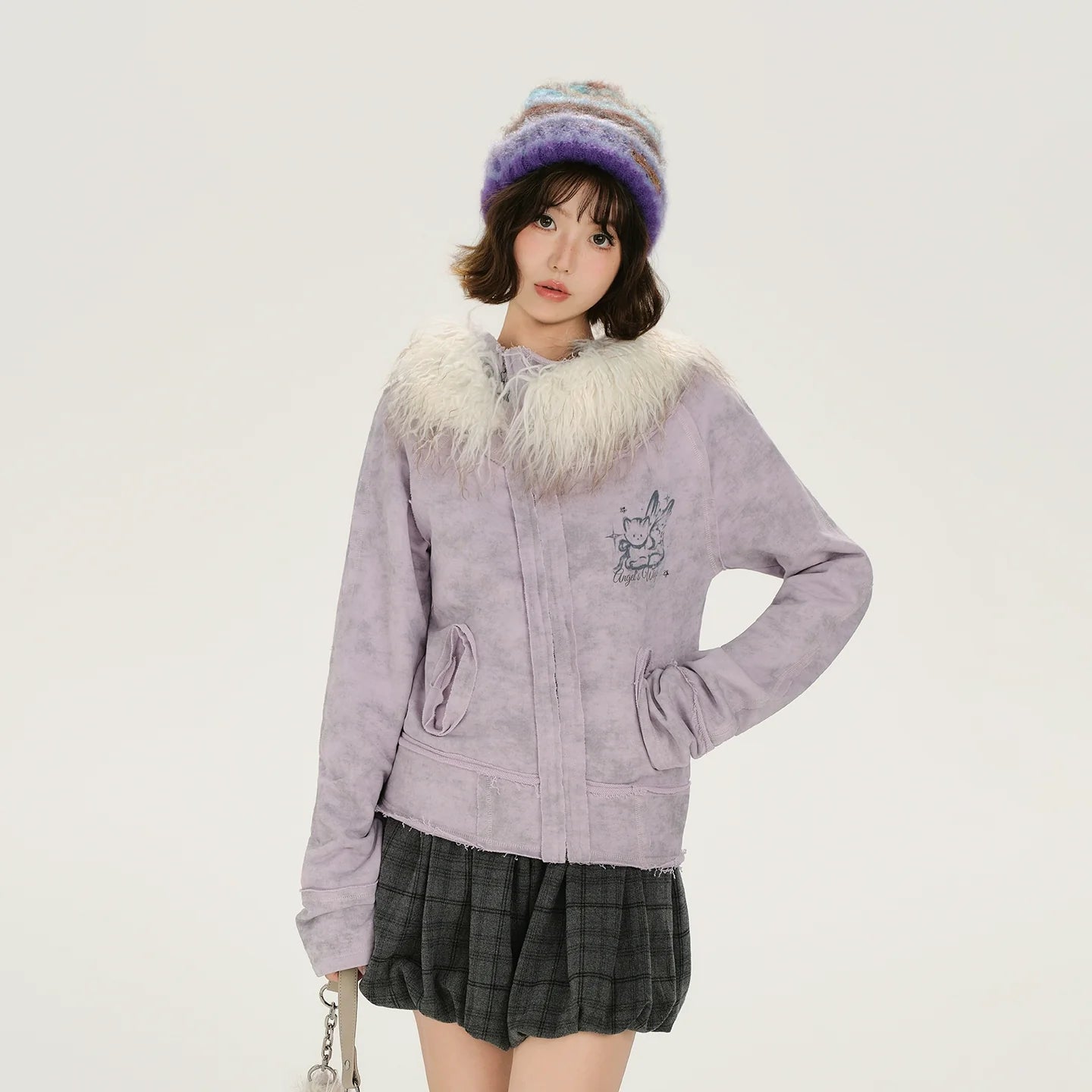 Girlyhalo Retro Tie-Dye Print Asymmetrical Design Women's Fall Coat with Fur Collar