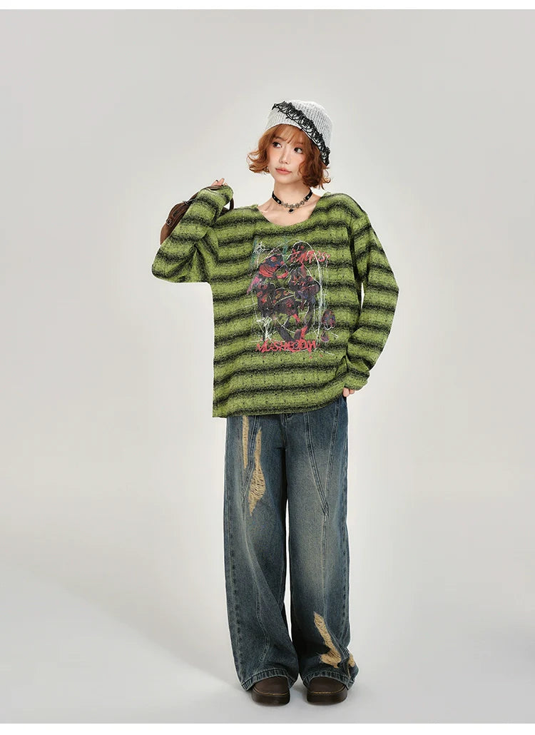 Girlyhalo Retro Green Striped Long Sleeve T-Shirt for Women-Green Striped-S-Free Shipping Leatheretro