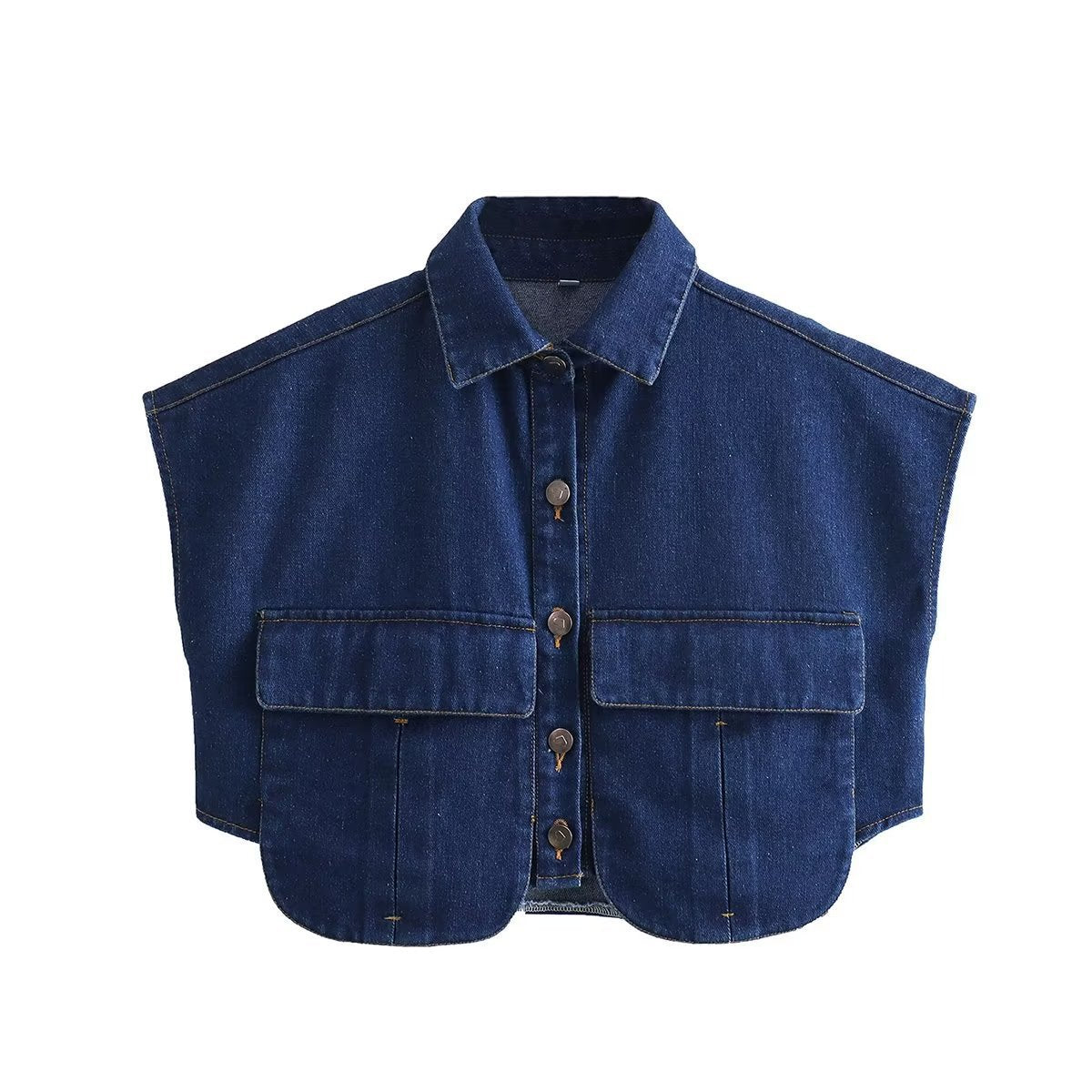 Women's Solid Color Oversized Pocket Sleeveless Polo Collar Denim Shirt Top