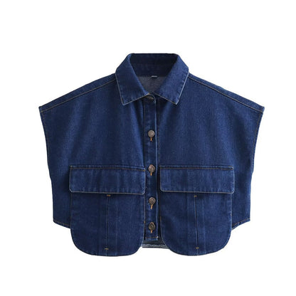 Women's Solid Color Oversized Pocket Sleeveless Polo Collar Denim Shirt Top