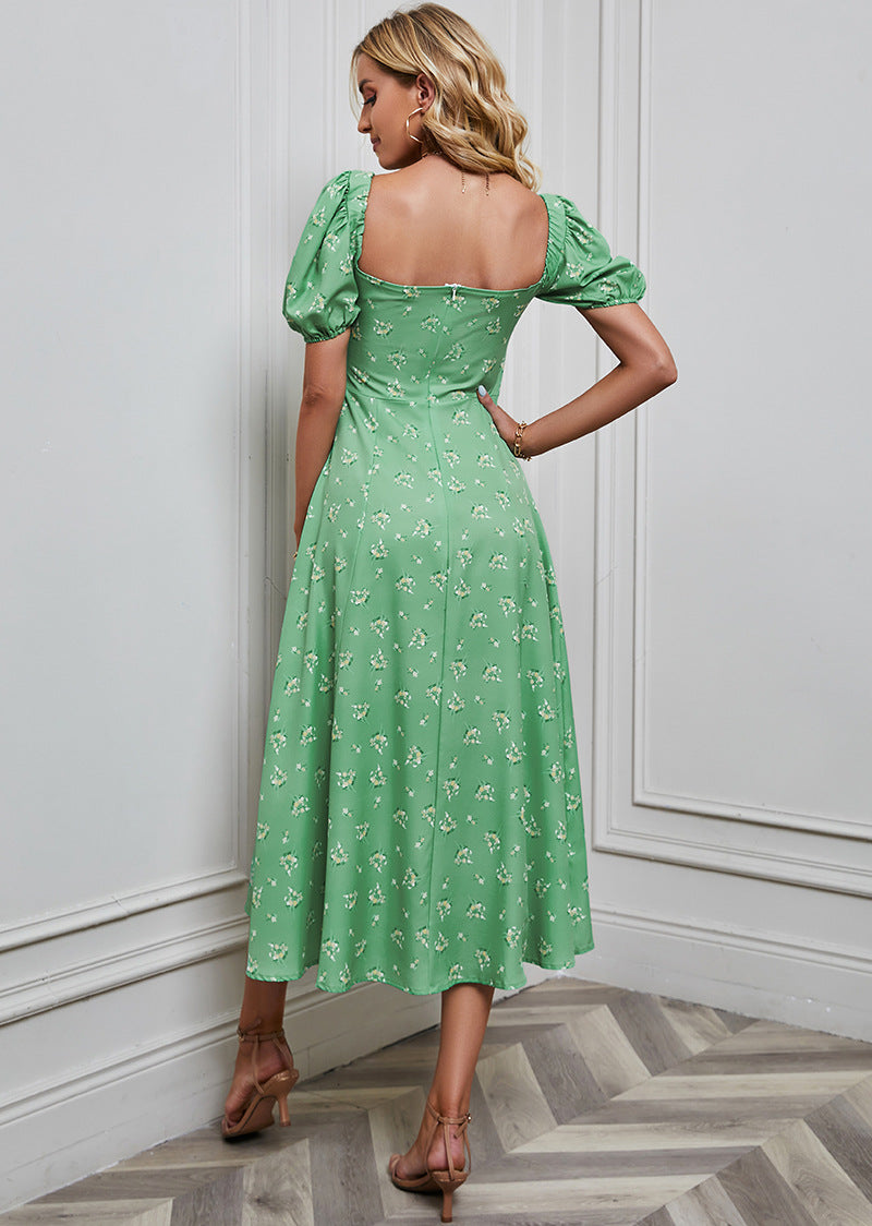 Women's Fashion Floral Print Bubble Sleeve Tie-Front Bustier Slit Dress