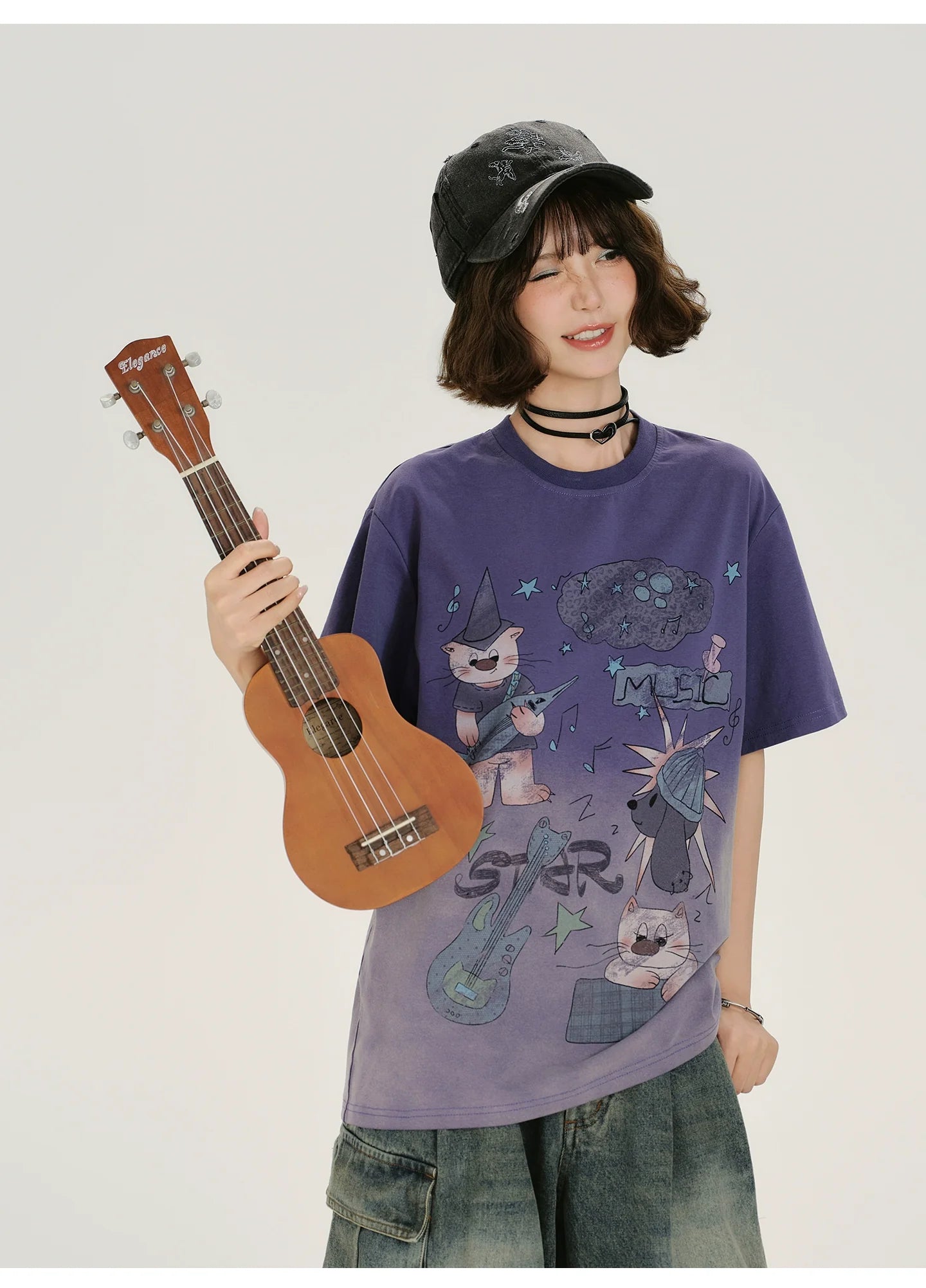 Girlyhalo Vintage Washed Purple Gradient Short Sleeve T-Shirt