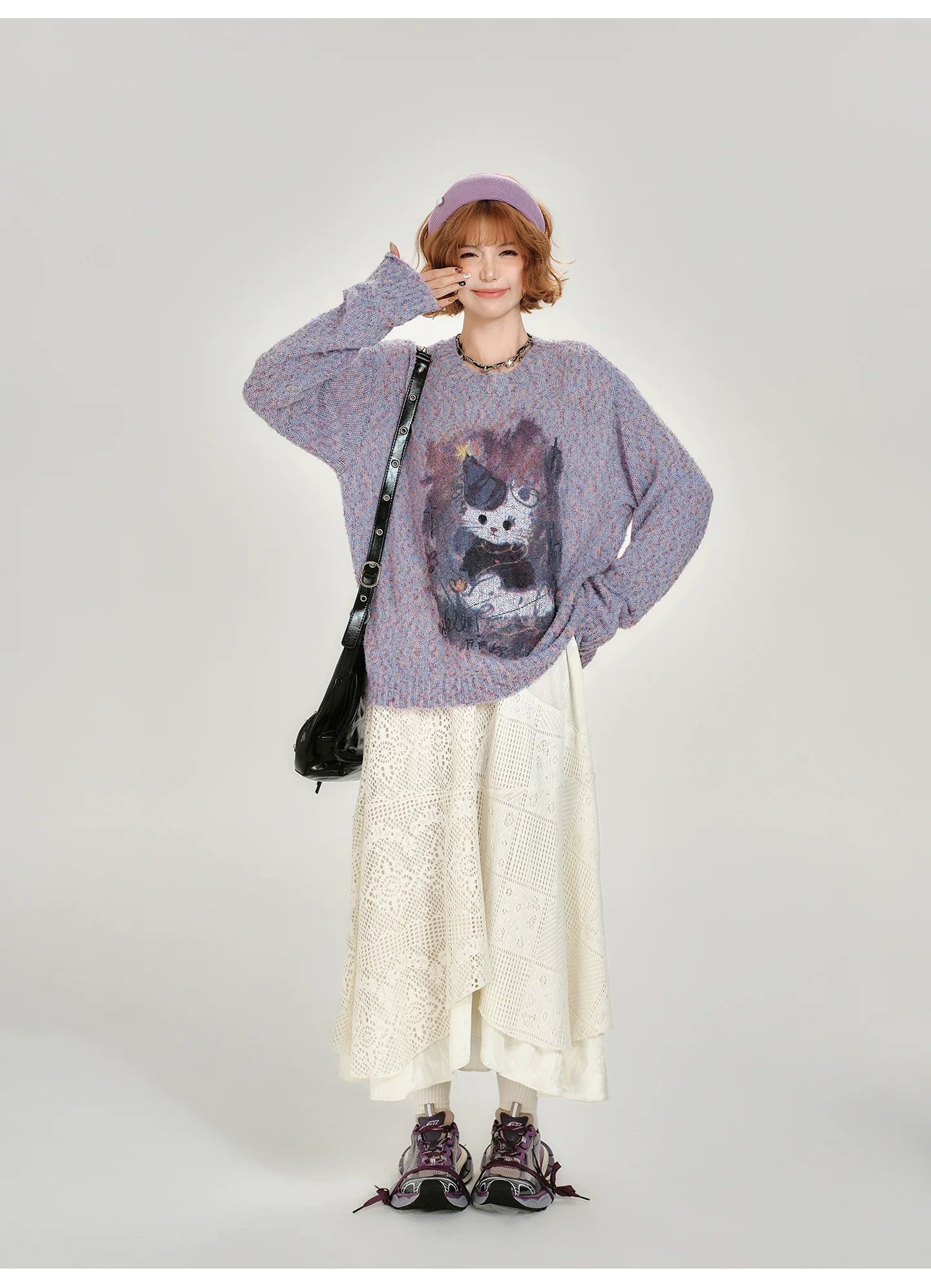 Girlyhalo Women's Loose Fit Retro Print Sweater - Crewneck Fall Pullover-Purple-S-Free Shipping Leatheretro