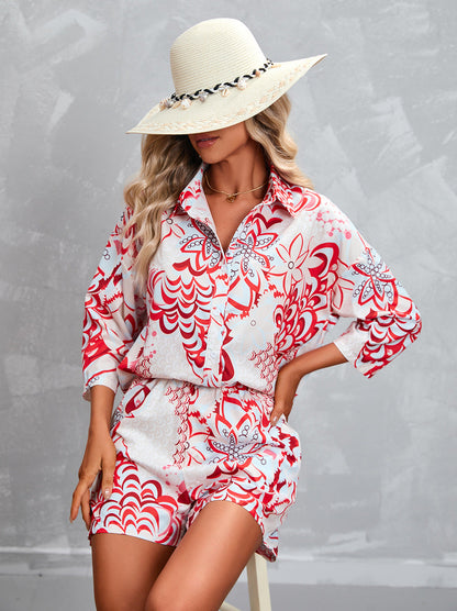 Women's Summer Floral Print Shorts & Short-Sleeve Casual Set