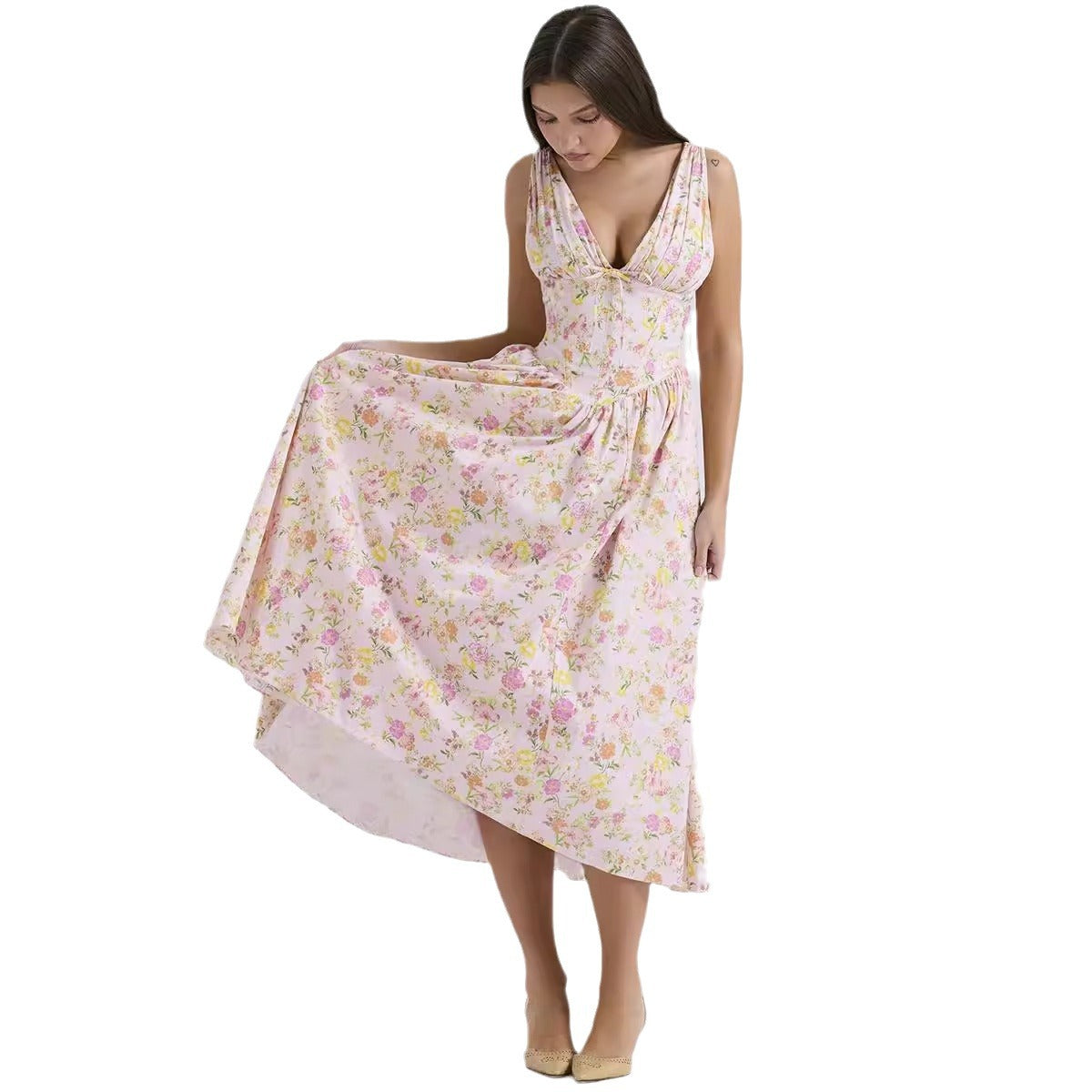 Elegant V-Neck Print Maxi Dress