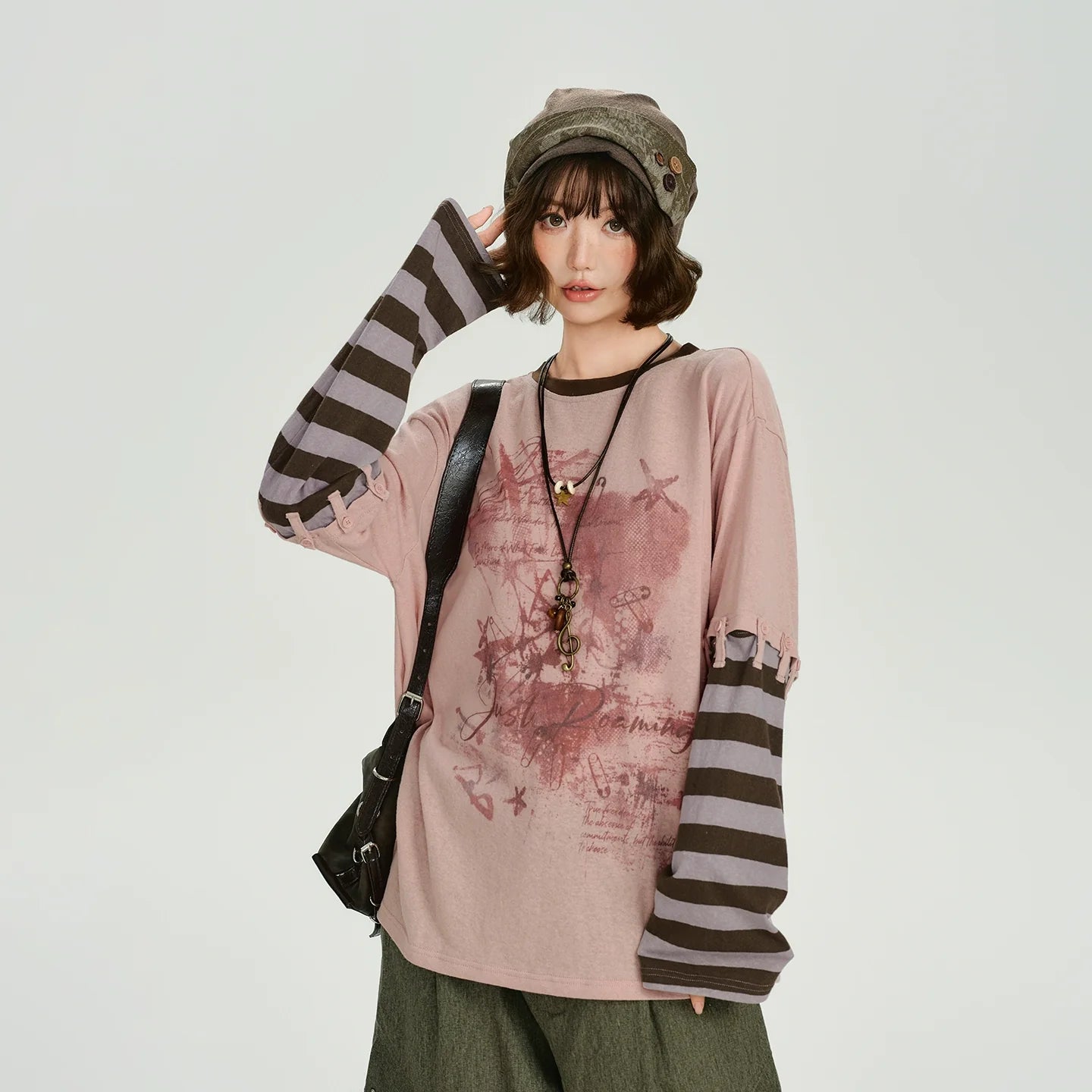 Girlyhalo Retro Vintage Two-Tier Layered Long Sleeve T-Shirt for Women