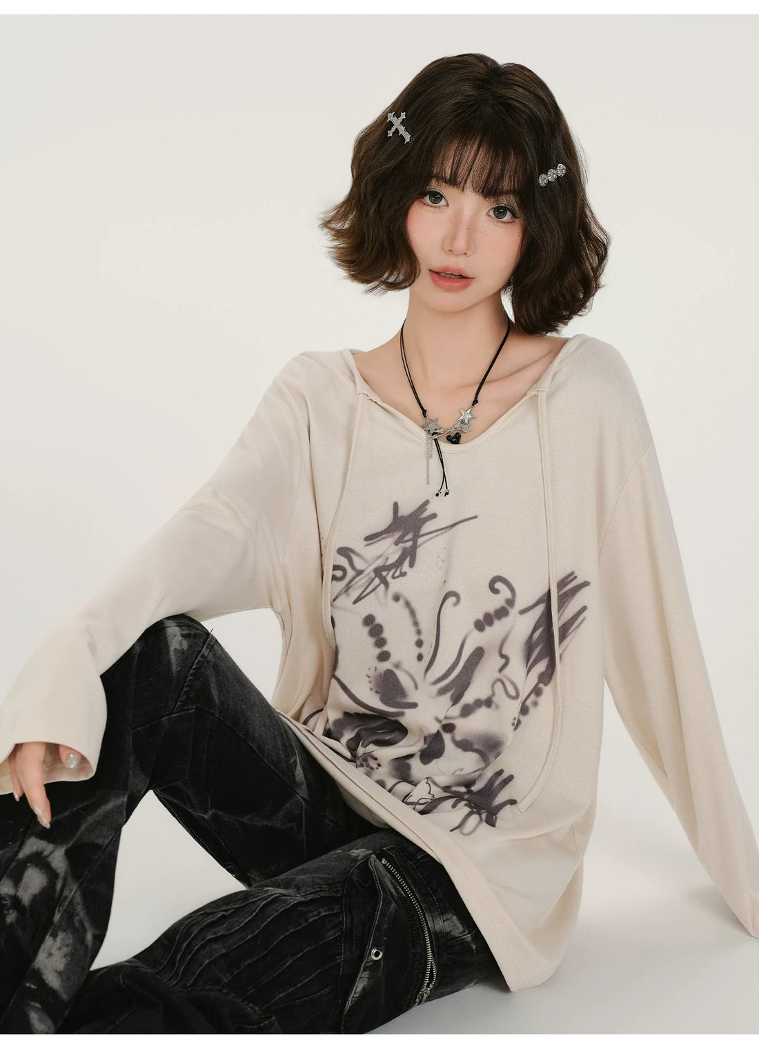 Girlyhalo Retro Print Long Sleeve T-Shirt
