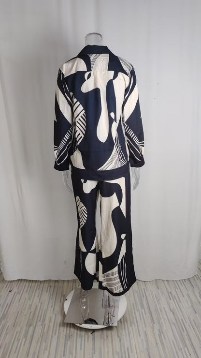 Printed Stand Collar Batwing Sleeve Loose Top with High-Waisted Wide-Leg Pant