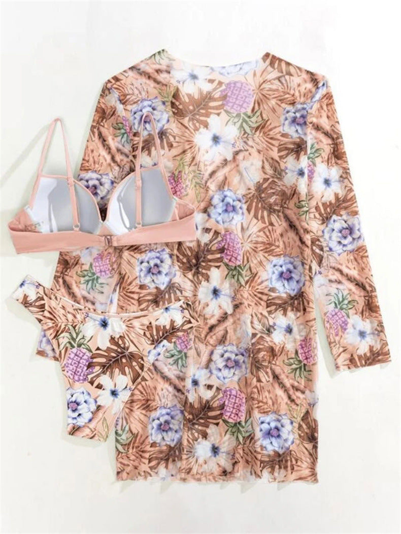Women's 3-Piece Mesh Long Sleeve Cover-Up – Beach Bikini Set