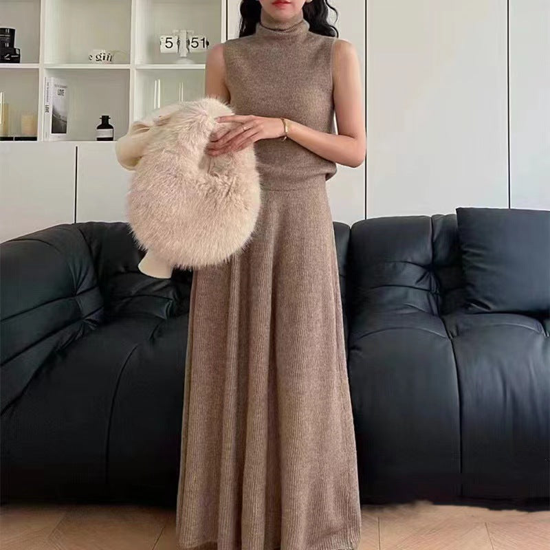 Women's Knit Three-Piece Set: High-Neck Vest & Skirt Outfit