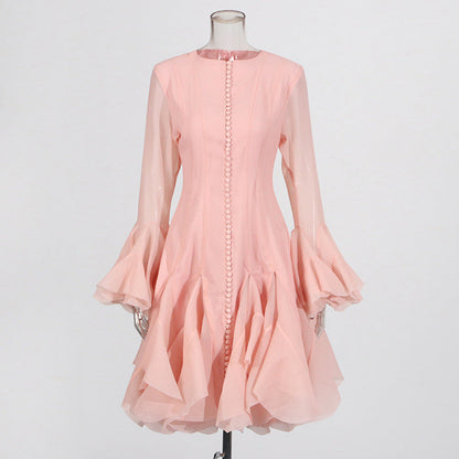 Designed Elegant Round Neck Patchwork Hem Flounce Midi Dress with Bell Sleeves