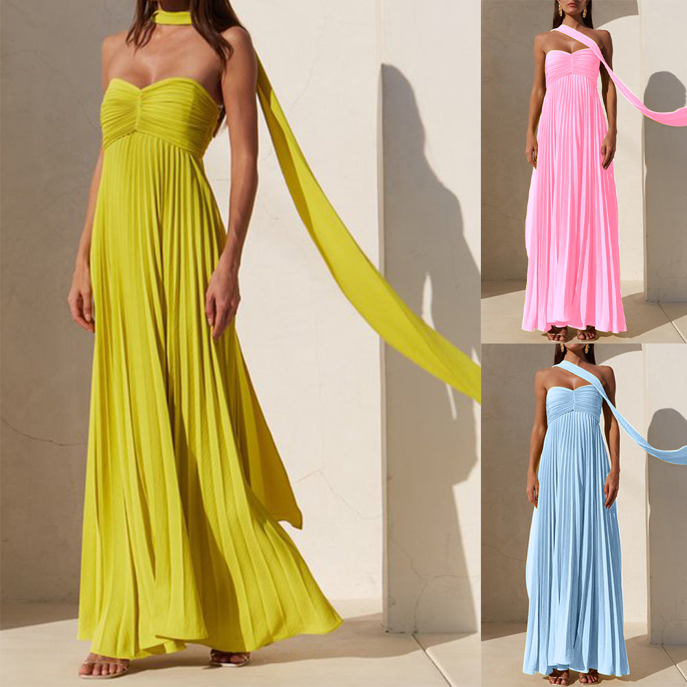 Solid Color Strapless Sleeveless Ruffled Dress for Women