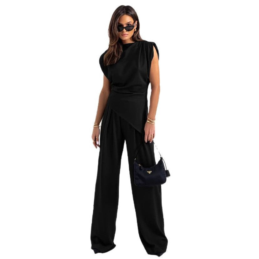 Summer Fashion Solid Color Asymmetrical Short Sleeve Set