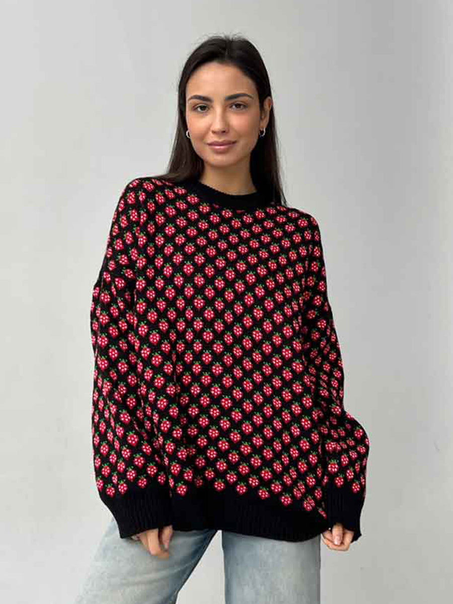 Oversized Strawberry Print Sweater