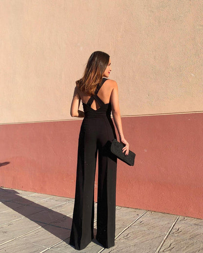 Sexy Shoulder Straps Black Wide Legs Jumpsuits