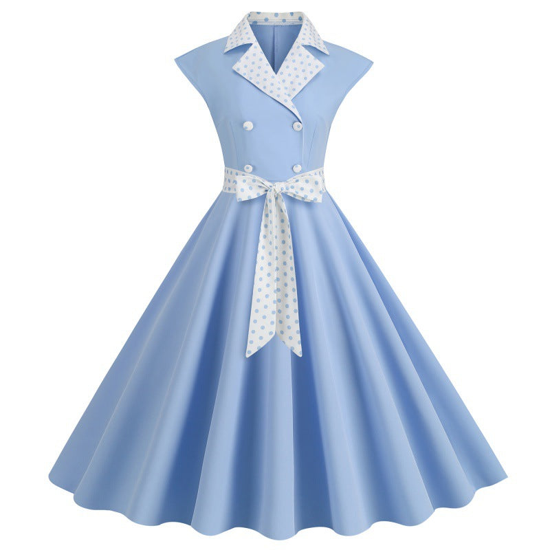 Elegant V-Neck Polka Dot & Solid Color A-Line Dress with Belt for Women