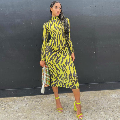 Sexy High Neck Yellow Leopard Long Sleeves Women Dresses-Dresses-Yellow-S-Free Shipping at meselling99