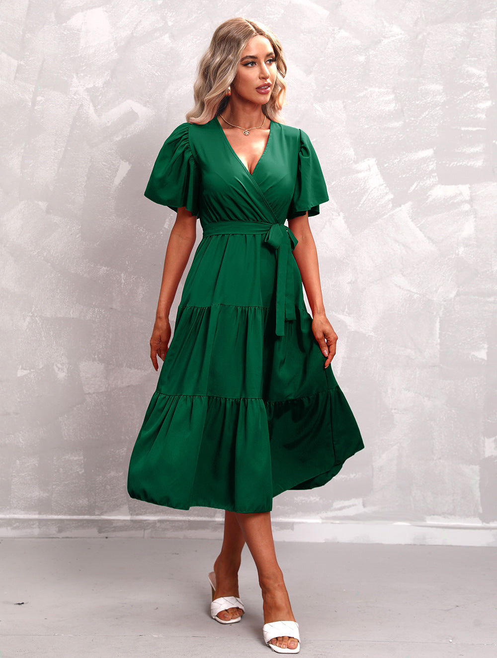 Women's Summer Solid Color V-Neck Short Sleeve Dress