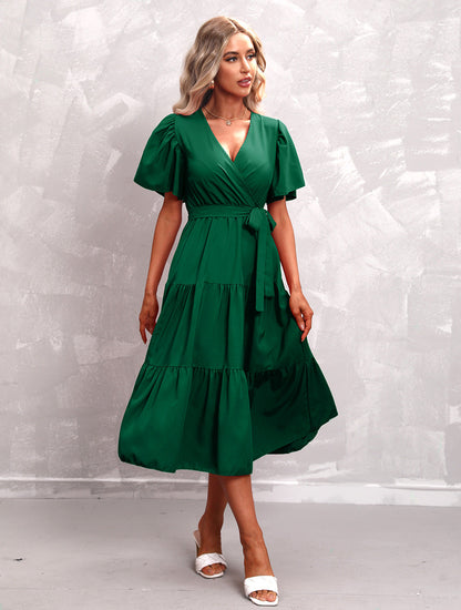 Women's Summer Solid Color V-Neck Short Sleeve Dress