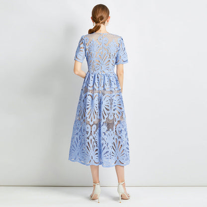 Elegant Slimming Waist with Hollow-Out Lace & Contrast  Dresses