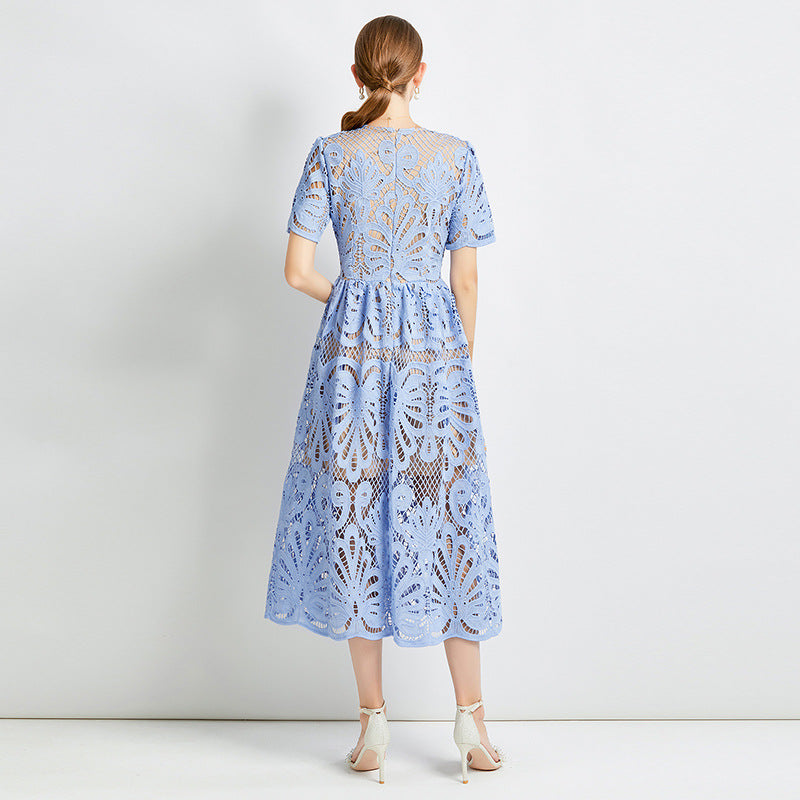 Elegant Slimming Waist with Hollow-Out Lace & Contrast  Dresses
