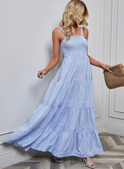 Women's Striped Vacation Dress with Sleeveless Design