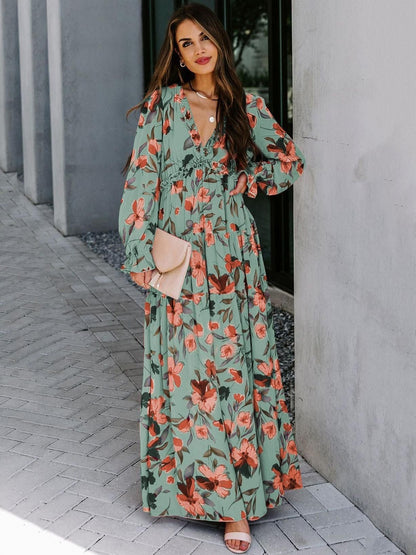 Elegant Long Sleeve Printed Maxi Evening Dress
