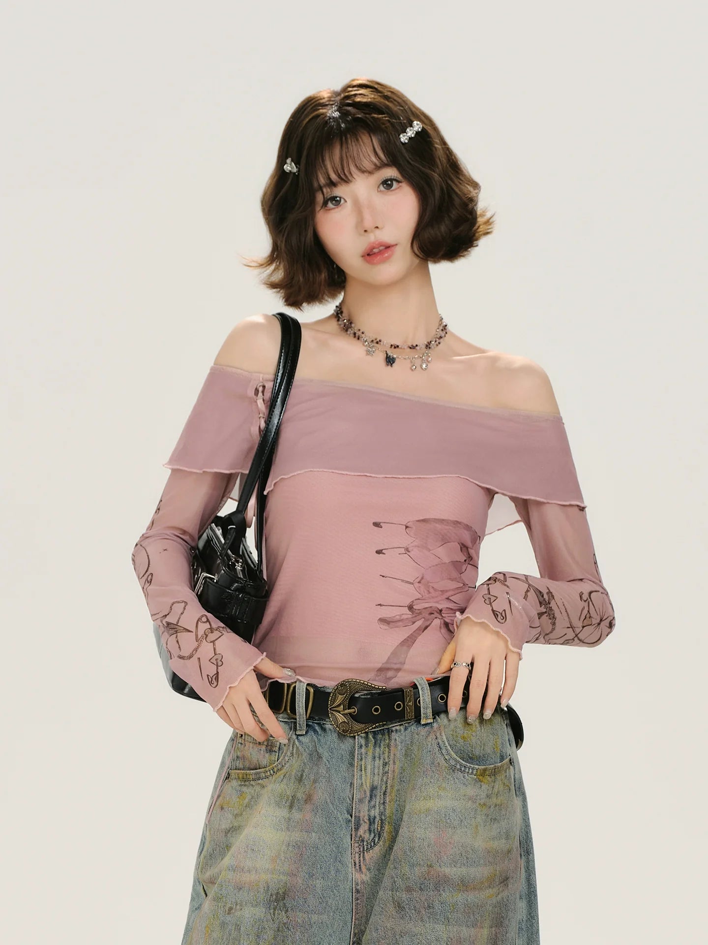 Girlyhalo Retro Vintage Print Off-Shoulder Long Sleeve T-Shirt