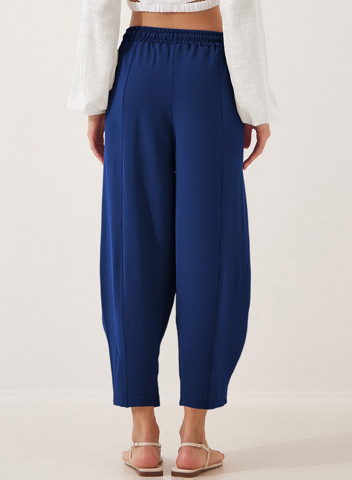 Women's Summer High-Waisted Loose Vacation Drawstring Casual Cropped Pants with Side Pockets