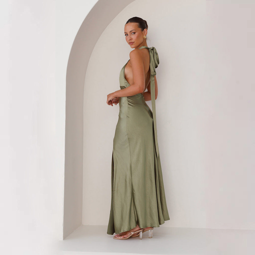 Women's Satin Halter Neck Slit Maxi Dress with Cinched Waist