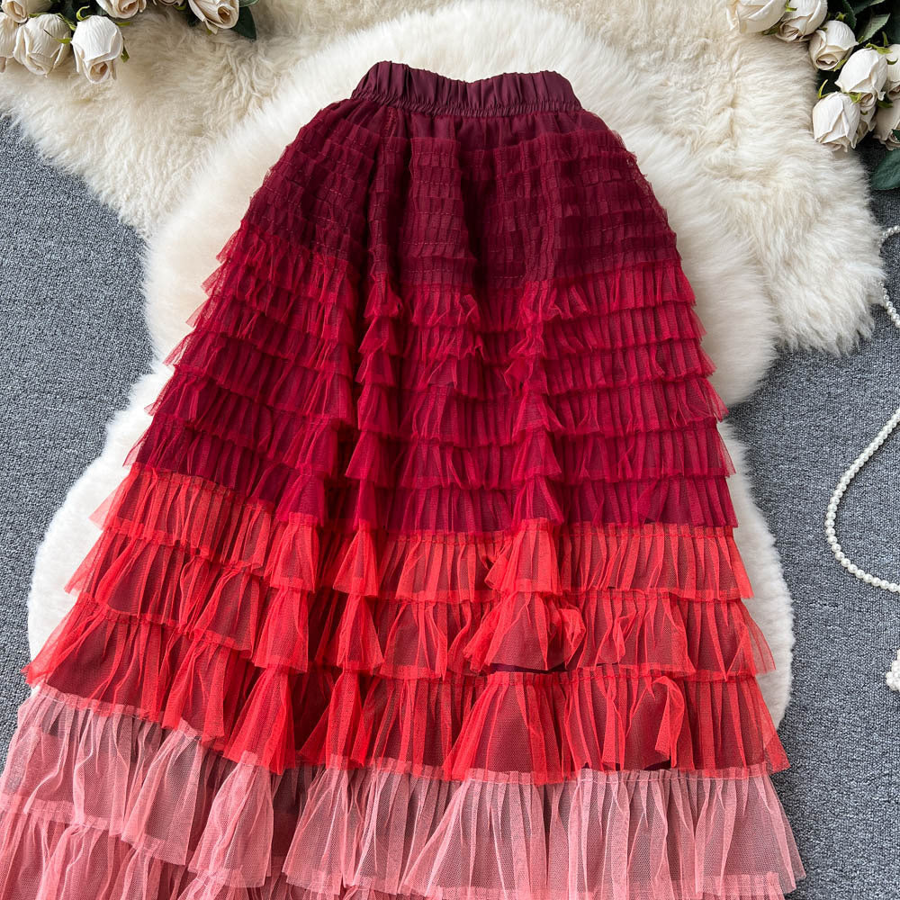 Women's Mid-Length Gradient Mesh A-Line Cake Skirt