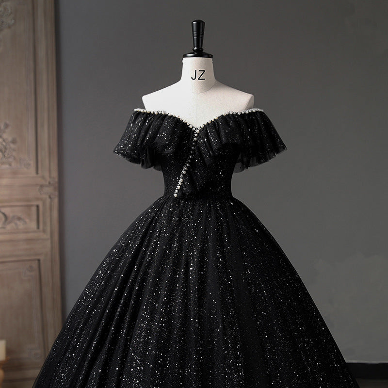 Elegant One-Shoulder Black Evening Gown with V-Neck