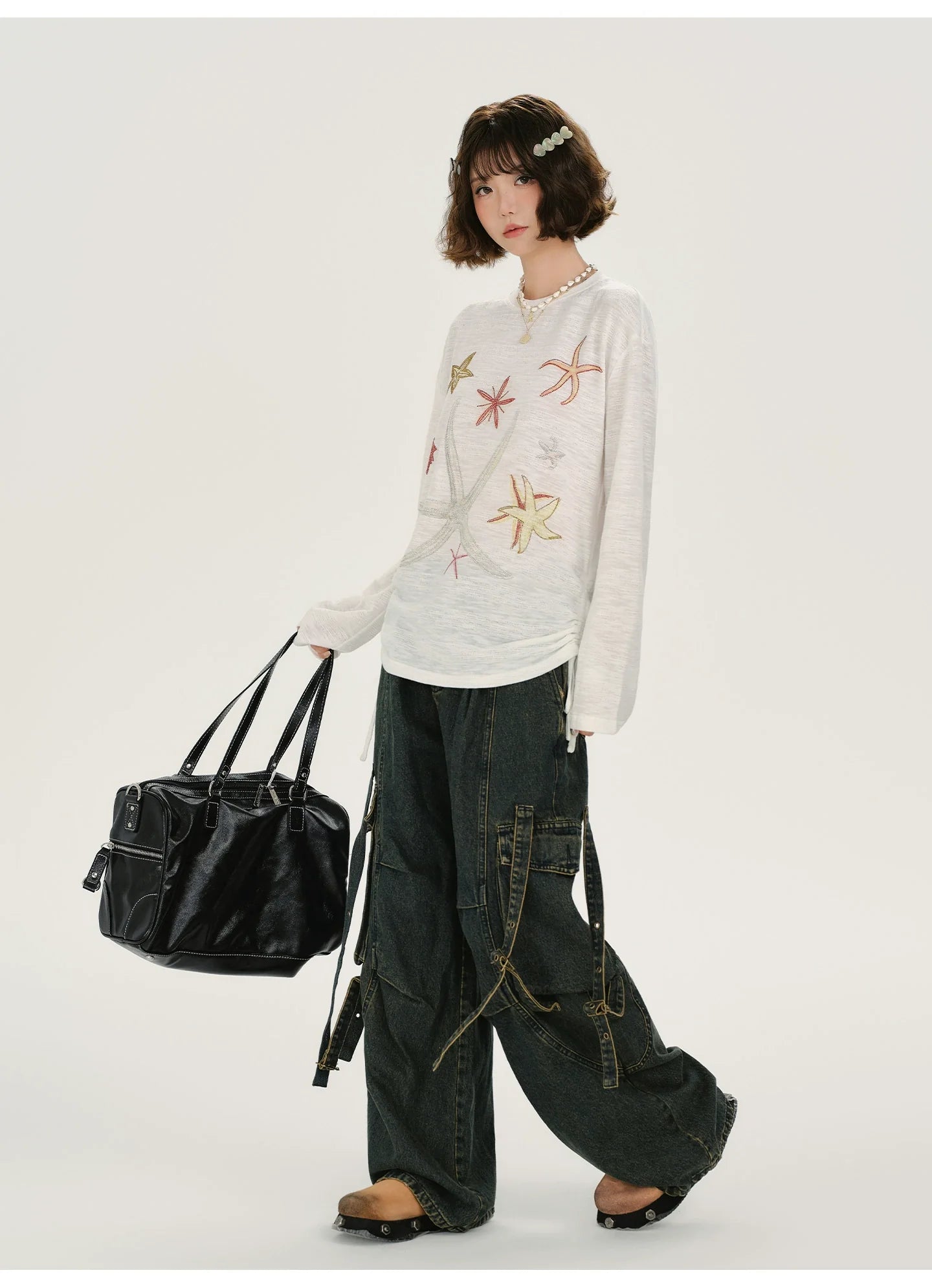 Girlyhalo Retro Print Rhinestone Long Sleeve T-Shirt