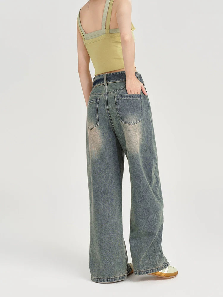 Girlyhalo Women's Vintage Washed Wide-Leg Jeans-S-Blue-Free Shipping Leatheretro