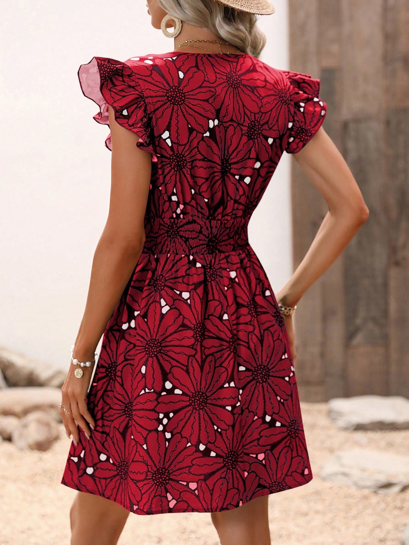 Women's Summer V-Neck Waist-Cinching Sexy Floral Ruffle Sleeveless Dress