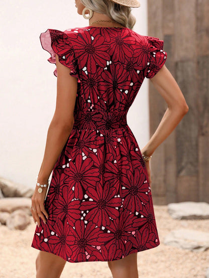 Women's Summer V-Neck Waist-Cinching Sexy Floral Ruffle Sleeveless Dress