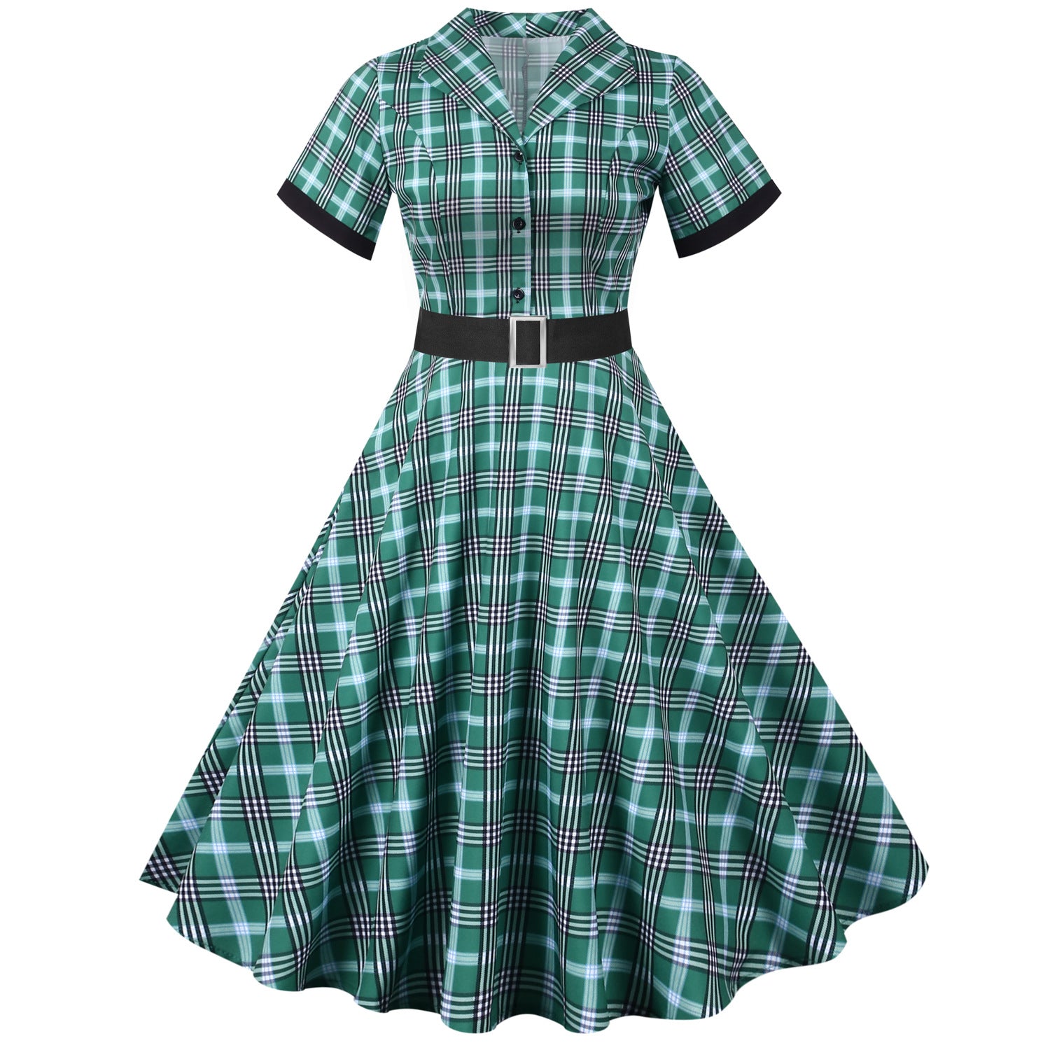 Retro Plaid Short Sleeve Dress with Belt