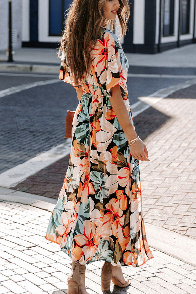 Women's Summer New Fashion Sexy High Waist Floral Print Slit Dress