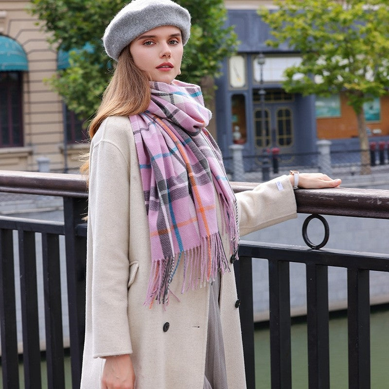 Contrast Color Plaid Tassel Thick Dourble-Side Warm Shawl Scarf